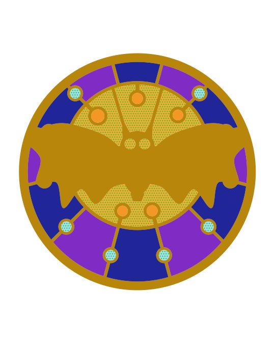 Printed color map for the Bat over the Harvest Moon frame: gold lines with violet, midnight blue and amber cells